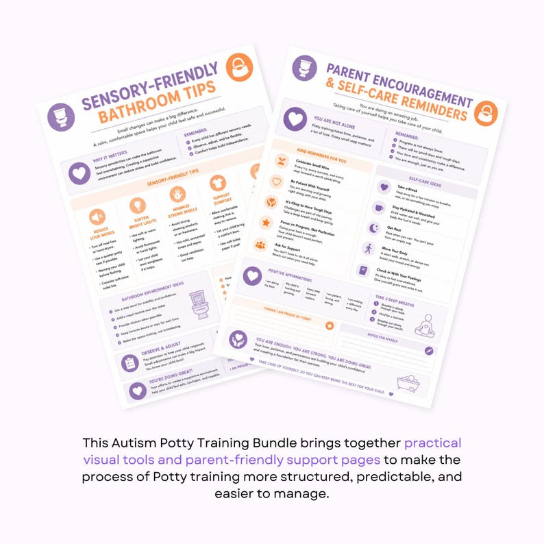 Two instructional sheets titled Sensory-Friendly Bathroom Tips and Parent Encouragement and Self-Care Reminders.