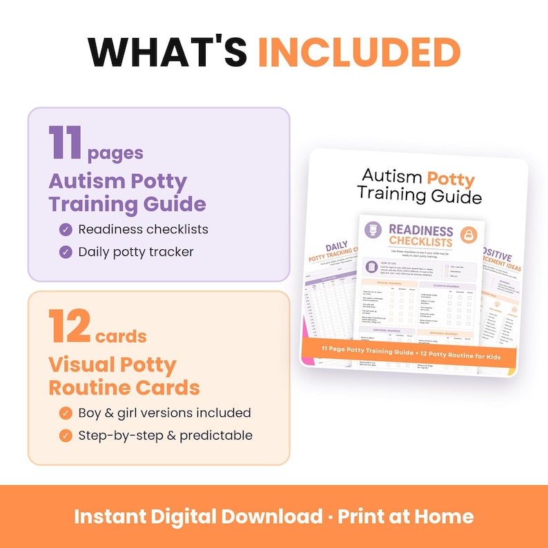 A breakdown of what is included in the digital bundle, listing an 11-page potty training guide and 12 visual routine cards.
