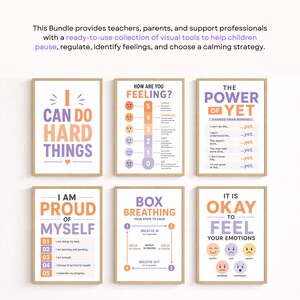 Six printable posters featuring coping strategies and positive affirmations displayed in wooden frames on a white wall.
