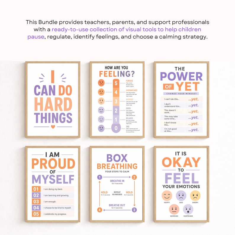 Six printable posters featuring coping strategies and positive affirmations displayed in wooden frames on a white wall.