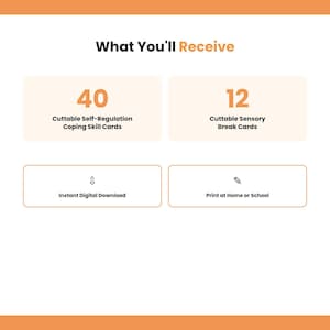 An informational graphic detailing what is included in the purchase, listing 40 cuttable self-regulation coping skill cards and 12 cuttable sensory break cards.