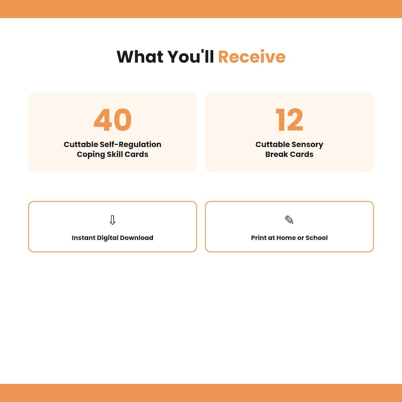 An informational graphic detailing what is included in the purchase, listing 40 cuttable self-regulation coping skill cards and 12 cuttable sensory break cards.