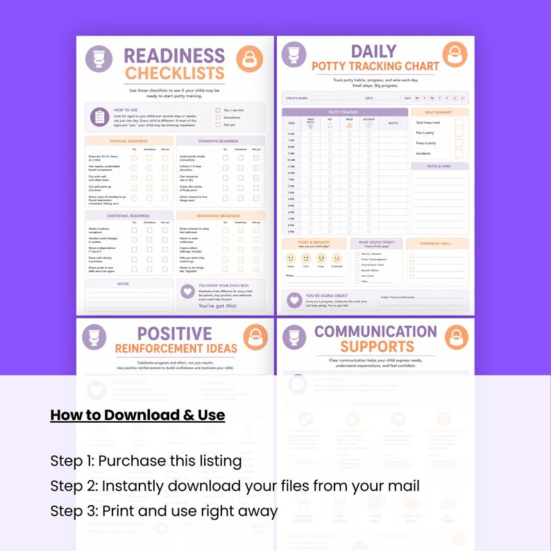 Four printable pages showing checklists and charts above instructions on how to download and use the files.