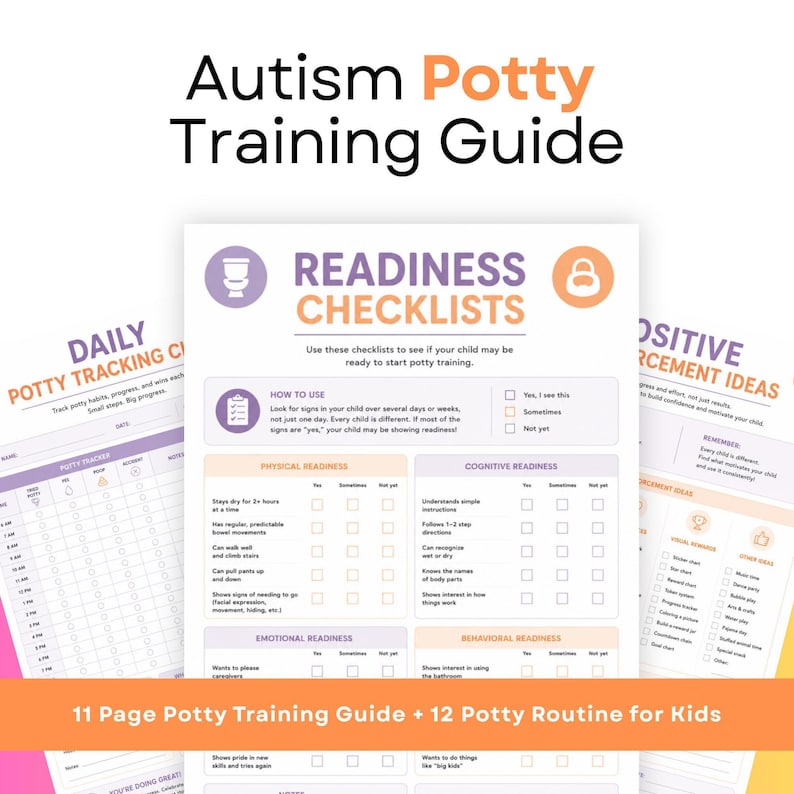 A digital graphic showcasing an autism potty training guide with stacked printable pages including a readiness checklist and daily tracker against an orange-to-white gradient background.