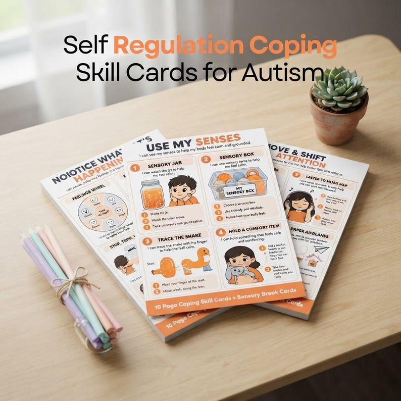 Autism Coping Cards, Printable Visual Supports with Sensory Break Strategies shown in an AI-generated listing photo