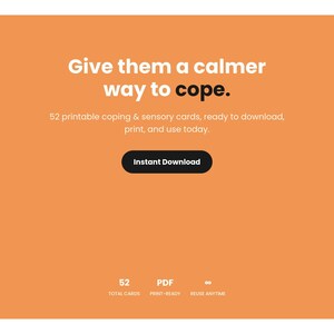 An orange promotional graphic with white text reading Give them a calmer way to cope and details about 52 printable coping and sensory cards.