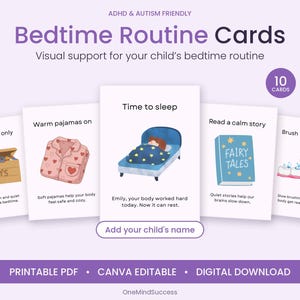Bedtime Routine Visual Schedule, ADHD Autism Printable Cards and Editable Canva Template
