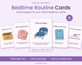 Bedtime Routine Visual Schedule, ADHD Autism Printable Cards and Editable Canva Template