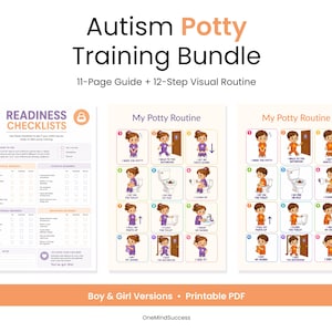 May include: An autism potty training bundle featuring an 11-page guide and 12-step visual routine. The printable PDF includes readiness checklists and two versions of a potty routine chart, each displaying illustrated steps for boys and girls.