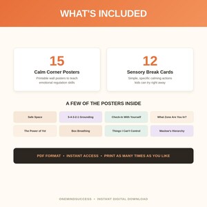Op de afbeelding: Een digitale downloadset met 15 Calm Corner posters en 12 Sensory Break kaarten. De tekst bevat titels zoals Safe Space, 5-4-3-2-1 Grounding, Check-In With Yourself, What Zone Are You In, The Power of Yet, Box Breathing, Things I Can't Control en Maslow's Hierarchy.