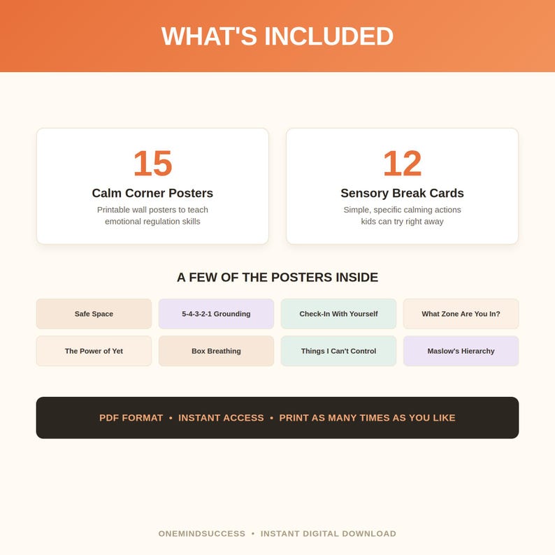 Op de afbeelding: Een digitale downloadset met 15 Calm Corner posters en 12 Sensory Break kaarten. De tekst bevat titels zoals Safe Space, 5-4-3-2-1 Grounding, Check-In With Yourself, What Zone Are You In, The Power of Yet, Box Breathing, Things I Can't Control en Maslow's Hierarchy.