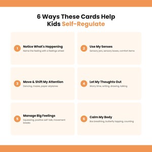 A graphic listing six ways the cards help kids self-regulate, numbered one through six with text describing notice what is happening, use my senses, and more.