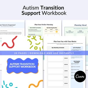 Può includere: Un quaderno di lavoro intitolato "Autism Transition Support Workbook" con una copertina blu e bianca. Il quaderno di lavoro include pagine con testo e grafica, come "Pianifica la tua mattinata perfetta" e "Pianifica la tua giornata con i blocchi temporali". È visibile anche il testo "20 PAGINE | SCARICA E USA IMMEDIATAMENTE".