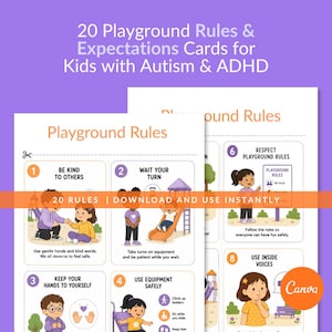 May include: Two cards with playground rules for kids with autism and ADHD. The cards have illustrations and text, including "Be Kind to Others" and "Wait Your Turn." The cards are purple and white with orange accents. The text on the cards reads "20 Rules | Download and Use Instantly."