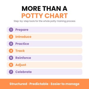 A seven-step list detailing the potty-training process from preparation and introduction through tracking and celebration.