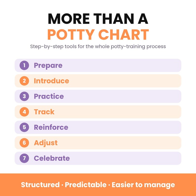 A seven-step list detailing the potty-training process from preparation and introduction through tracking and celebration.