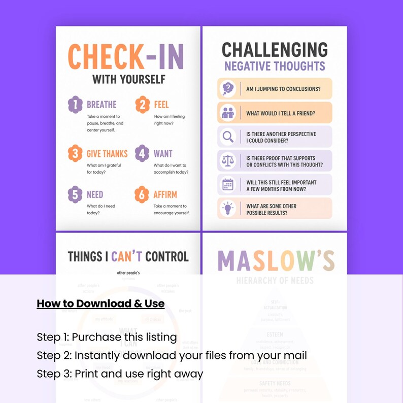 A selection of printable therapy worksheets including check-in prompts and a Maslow hierarchy chart on a purple background.