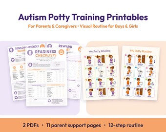 Autism Potty Train Visuals, 12-Step Bathroom Routine and 11-Page Training Guide
