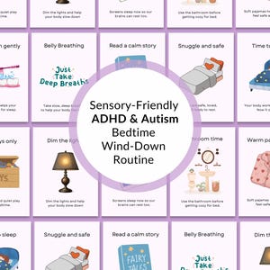 Op de afbeelding: Een set geïllustreerde kaarten met een bedtijdroutine-thema. De kaarten bevatten afbeeldingen en tekstprompts voor een sensorvriendelijke ADHD- en autisme-bedtijd-wind-down-routine. De kaarten bevatten illustraties van een lamp, een bed en een boek.