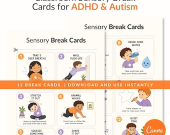 May include: Classroom Sensory Break Cards for ADHD & Autism featuring twelve numbered instructional cards with illustrations of children performing activities like deep breaths, wall push-ups, stretching, animal walks, and reading for quiet time.