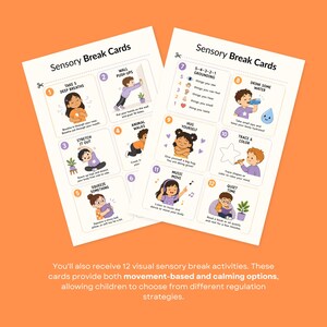 Two printable sheets of sensory break cards showing illustrated activities like deep breaths and wall pushups against an orange background.