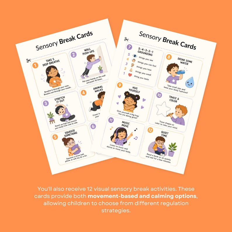 Two printable sheets of sensory break cards showing illustrated activities like deep breaths and wall pushups against an orange background.