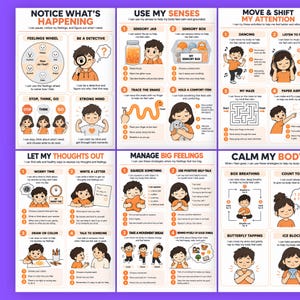 A full grid view displaying multiple pages of colorful self-regulation and coping skill cards for kids.