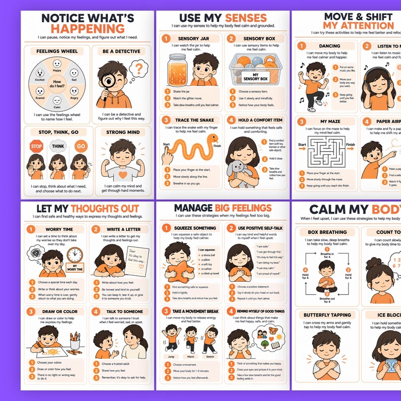 A full grid view displaying multiple pages of colorful self-regulation and coping skill cards for kids.
