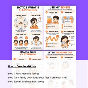 A tutorial graphic showing four printable cards and a step-by-step guide on how to download and use them.