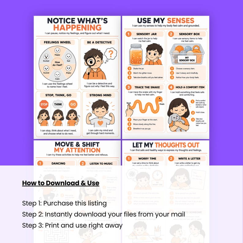 A tutorial graphic showing four printable cards and a step-by-step guide on how to download and use them.