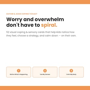 A graphic featuring the heading Worry and overwhelm don't have to spiral, describing 52 visual coping and sensory cards for kids.