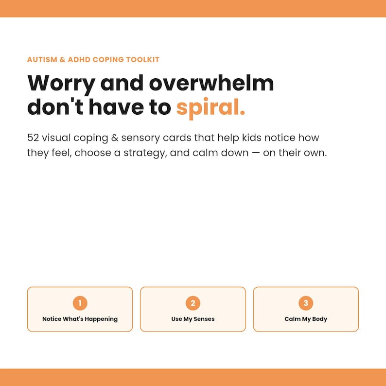 A graphic featuring the heading Worry and overwhelm don't have to spiral, describing 52 visual coping and sensory cards for kids.