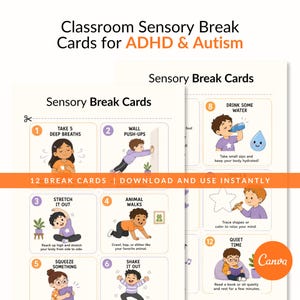 Puede incluir: Un conjunto de tarjetas blancas con ilustraciones coloridas y texto, diseñadas como tarjetas de descanso sensorial para TDAH y autismo. Las tarjetas presentan diversas actividades como respiraciones profundas, flexiones de pared y paseos de animales. El texto incluye "Classroom Sensory Break Cards for ADHD & Autism."
