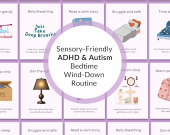 Bedtime Routine Visual Schedule, ADHD Autism Printable Cards and Editable Canva Template