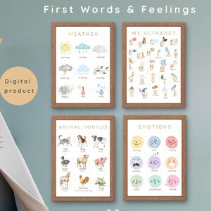 Póster "Primeras Palabras": Alfabeto, Emociones, Clima, Sonidos de Animales - Arte de Pared Montessori para Niños Pequeños y Preescolares