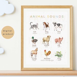 Póster de sonidos de animales para niños: arte mural educativo Montessori / Cuadro imprimible de animales de granja para guardería y preescolar