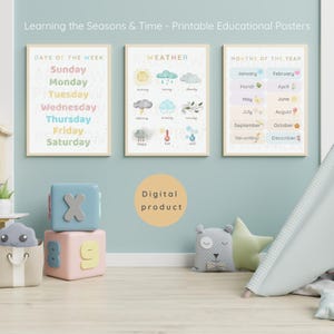 Set dagelijkse leerreis - bundel educatieve posters | Dagen Maanden Weerkaart | Decor voor peuters en kleuters | Kunstafdruk voor kinderen in de klas