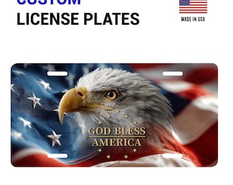 USA Eagle Flag License Plate - Custom License Plate, Bald Eagle American Flag Design Any Text Novelty, Patriotic USA Car Tag, Aluminum Decor