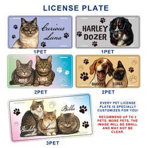 May include: Custom pet license plates featuring illustrations of cats and dogs. Plates include names like "Curious Luna," "Harley Dozer," "Milo," "Buddy," "Bella," and "Luna." Each plate has paw prints and can be customized for up to three pets.