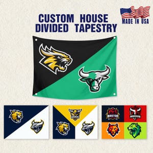 May include: Custom house divided tapestry with a black and green background, featuring a tiger and bull logo. The text "CUSTOM HOUSE DIVIDED TAPESTRY" is displayed at the top. Additional designs with team logos are shown below. Made in USA.