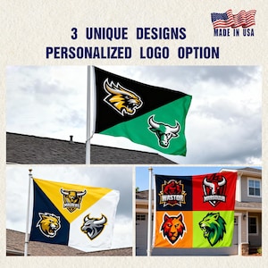 May include: Flags with unique designs and personalized logo options. The flags feature various team logos, including a lion, bull, and other stylized animal graphics. The text "3 UNIQUE DESIGNS PERSONALIZED LOGO OPTION" is displayed at the top.