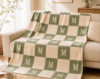 Custom Blanket Checkered Custom Initial Name Blanket Personalized Throw Cozy Plush Checkerboard Blanket Gift for Her Bedroom Sofa Decor Home