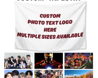 May include: A white rectangular wall tapestry featuring the text CUSTOM TAPESTRY at the top and CUSTOM PHOTO TEXT LOGO HERE MULTIPLE SIZES AVAILABLE in the center. Below, six examples show various printed designs including people and landscapes.