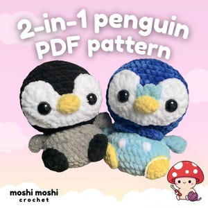 Puede incluir: Imagen de dos pingüinos de ganchillo, uno negro y gris, el otro azul y blanco. El texto "2-in-1 penguin PDF pattern" se muestra arriba. La marca "moshi moshi crochet" está en la parte inferior.