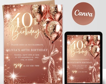 Invito per il quarantesimo compleanno, modello di invito digitale per il quarantesimo compleanno, invito elettronico per il quarantesimo compleanno, invito tramite messaggio di testo, compleanno femminile