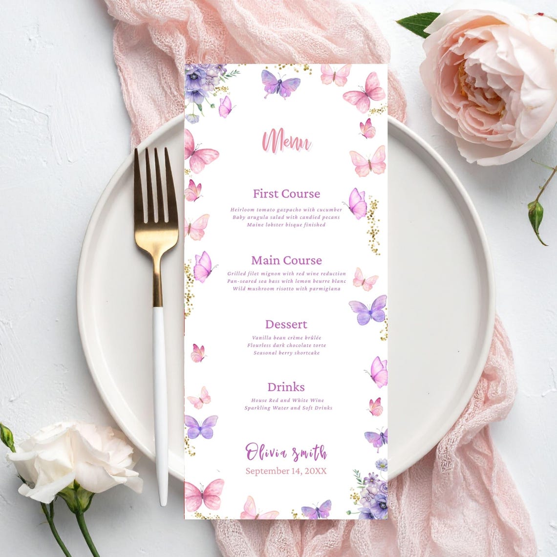 Editable Butterfly Dinner Menu Card, Butterfly Baby Shower Dinner Menu ...