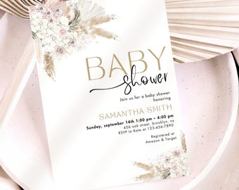 Zaproszenie na baby shower dla dziewczynki w stylu boho, zaproszenie na baby shower z kwiatami, zaproszenie na baby shower dla dziewczynki, zaproszenie z suszonymi kwiatami, zaproszenie na baby shower w stylu boho