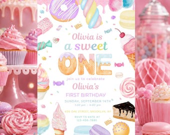 Invitación de cumpleaños para niña, invitación para el primer cumpleaños, invitación con temática de dulces en tonos pastel, postres, donas, caramelos y helados, plantilla de Canva