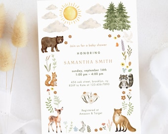 Woodland Baby Shower Invitation Template, Editable Woodland Animals Baby Shower Invite, Gender Neutral Woodland Animals Invitations