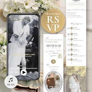 May include: A wedding invitation suite with a black and white photo of a couple on a smartphone screen. The invitation includes the names "Avery" and "James", the date, time, and venue. Additional elements include an RSVP circle, a countdown timer, and a wedding day schedule.